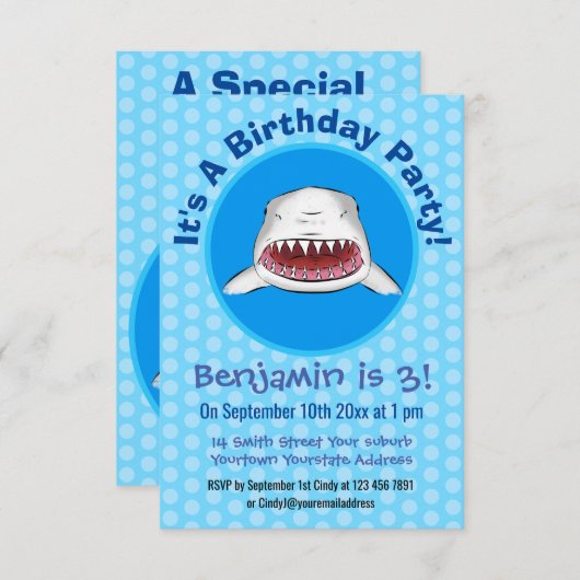 Grote witte haai gemiddelde cartoon illustratie kaart (Voorkant / Achterkant)