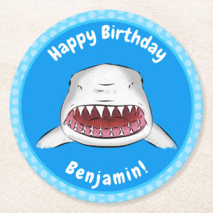 Grote witte haai gemiddelde cartoon illustratie ronde kartonnen onderzetter