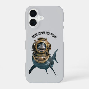 Grote witte haai in een duikhelm URM iPhone 16 Hoesje