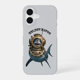 Grote witte haai in een duikhelm URM iPhone 16 Hoesje