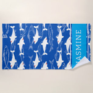 Grote Witte Haai Navy Monogram Naam Strand Handdoe Strandlaken