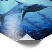 Grote witte haaienzwemmen in onderzeese riffen foto afdruk (Hoek)