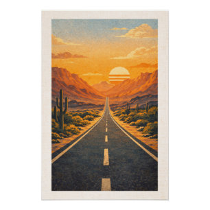 Grote woestijnsnelweg zonsondergang retro reispost perfect poster