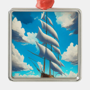 Grote zeilboot, blauwe luchten, witte pluizige wol metalen ornament