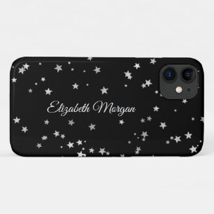 Grote zilveren sterren op zwarte, witte scriptnaam iPhone 11 hoesje