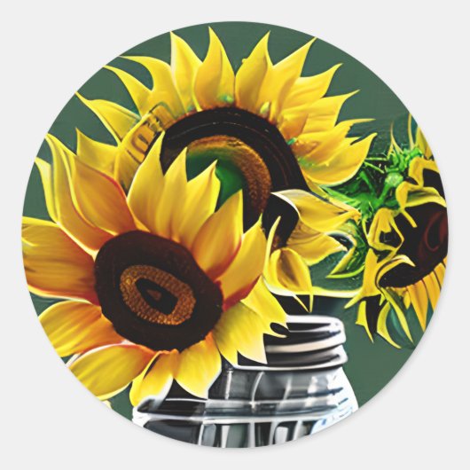 Grote Zonnebloemen in Glas Mason Jar Art Ronde Sticker (Voorkant)
