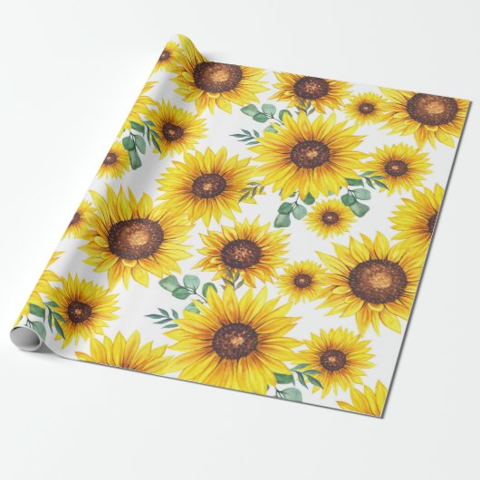 Grote zonnebloemen op witte achtergrond cadeaupapier (Uitgerold)