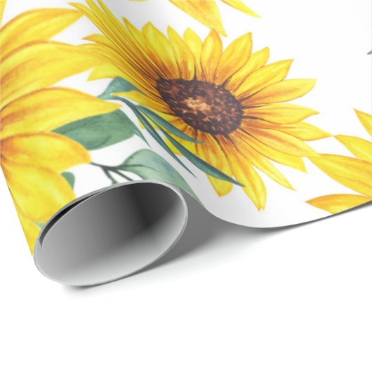 Grote zonnebloemen op witte achtergrond cadeaupapier (Rol Hoek)
