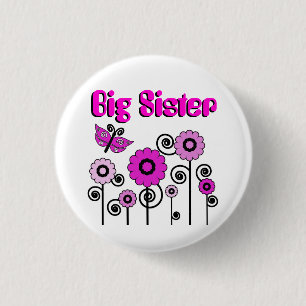 Grote zuster, roze bloemen met vlinderknop ronde button 3,2 cm