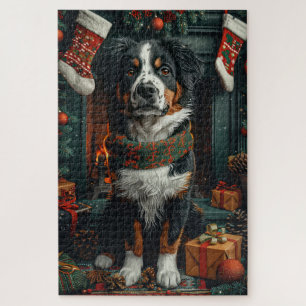 Grote Zwitserse hond met kerstcadeaus open haard Legpuzzel