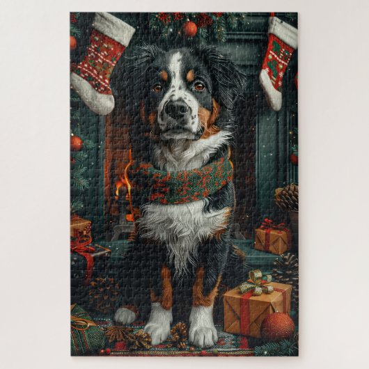 Grote Zwitserse hond met kerstcadeaus open haard Legpuzzel (Verticaal)