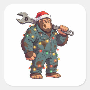 Grotevoet Sasquatch monteur kerstmis Blauw shirt Vierkante Sticker