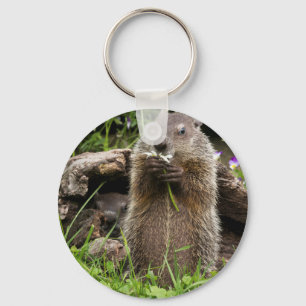 Ground Hog Munching op een Bloer Sleutelhanger