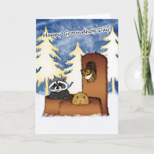 Groundhog Day Card - Groundog, Racoon, Owl Kaart