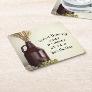 Growler Hops Wheat Brewery Wedding Save the Date Vierkante Kartonnen Onderzetter