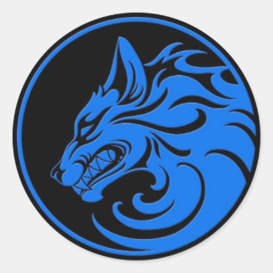 Growling Blauwe en Zwarte Wolf Cirkel Ronde Sticker