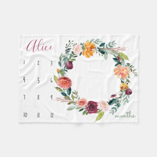 Growth tracker - Mijlpaal waterverf bloemen Fleece Deken (Voorkant (Horizontaal))