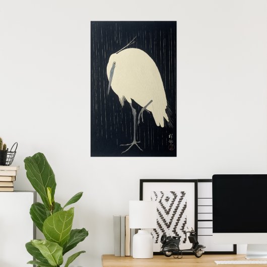 Grue blanche dans la pluie - Poster d'art japonais (Bureau à domicile)