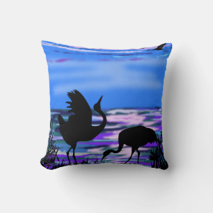 Grues Amour Oiseau Danse Jeter Oreiller Lac Sunset