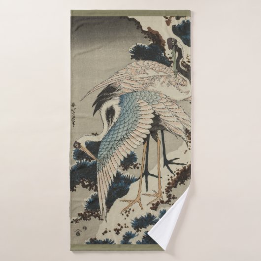 Grues sur un pin couvert de neige Hokusai (Serviette de bain)