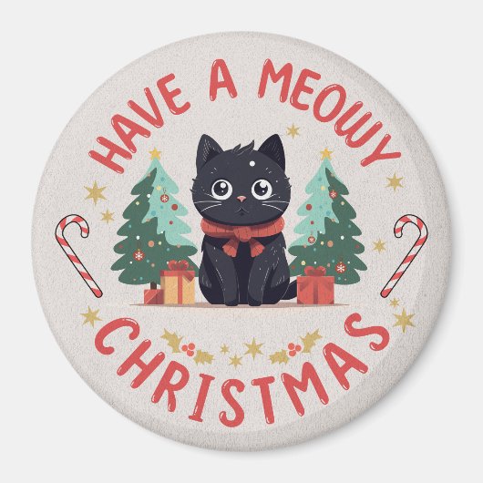 Grumpy Black Cat Meowy Magnet de Noël (Devant)