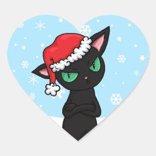 Grumpy Black Cat met Santa Hat Hart Sticker