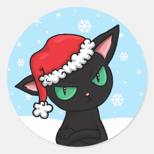 Grumpy Black Cat met Santa Hat Ronde Sticker (Voorkant)