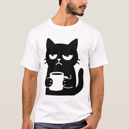 Grumpy Black Cat with Coffee Mug Funny T-shirt (Voorkant)
