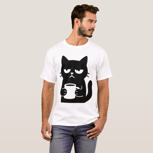 Grumpy Black Cat with Coffee Mug Funny T-shirt (Voorkant volledig)