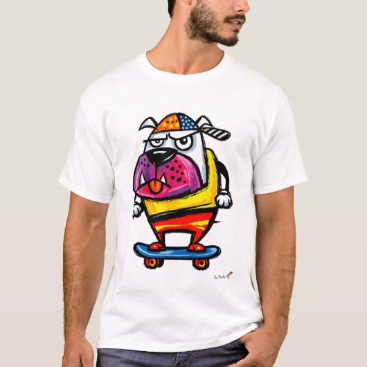 Grumpy Bulldog on Skateboard Cartoon T-Shirt (Devant)