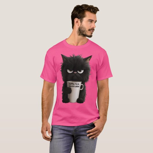 Grumpy Cat Coffee Mood T-Shirt Funny Black Fluffy  (Voorkant volledig)