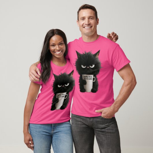 Grumpy Cat Coffee Mood T-Shirt Funny Black Fluffy  (Unisexe)