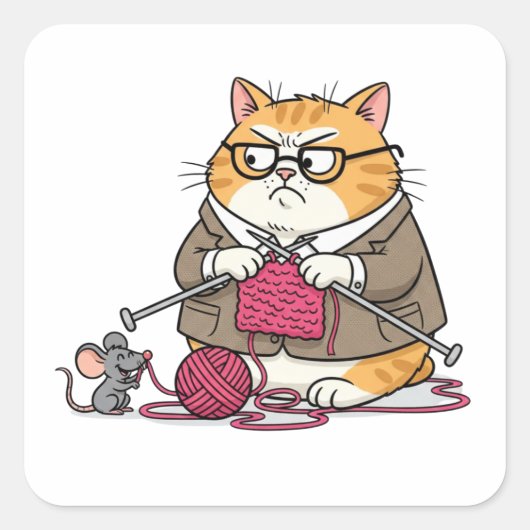 Grumpy Cat Knitting Funny Cartoon Sticker (Voorkant)