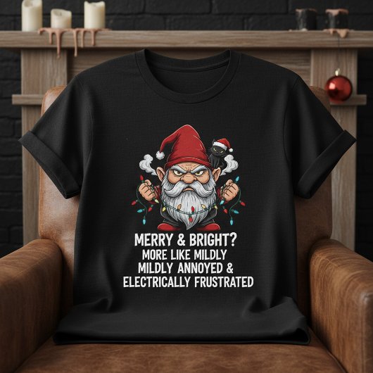 Grumpy Christmas Gnome Tangled Lights Black Cat  T-shirt
