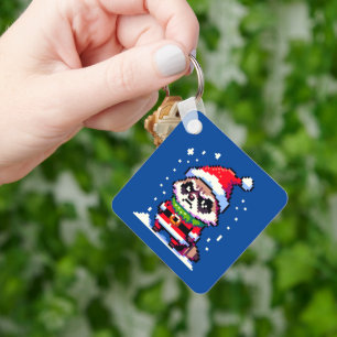 Grumpy Christmas Raccoon - Grappige Pixel Art Vaka Sleutelhanger