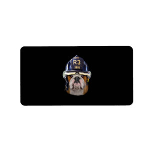 Grumpy English Bulldog Wearing Firefighter Helmet Etiket