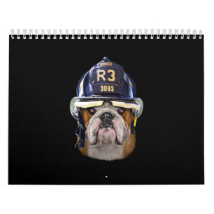Grumpy English Bulldog Wearing Firefighter Helmet Kalender