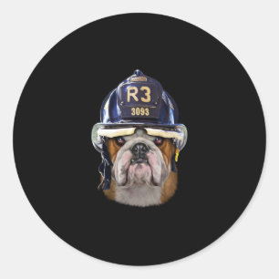 Grumpy English Bulldog Wearing Firefighter Helmet Ronde Sticker