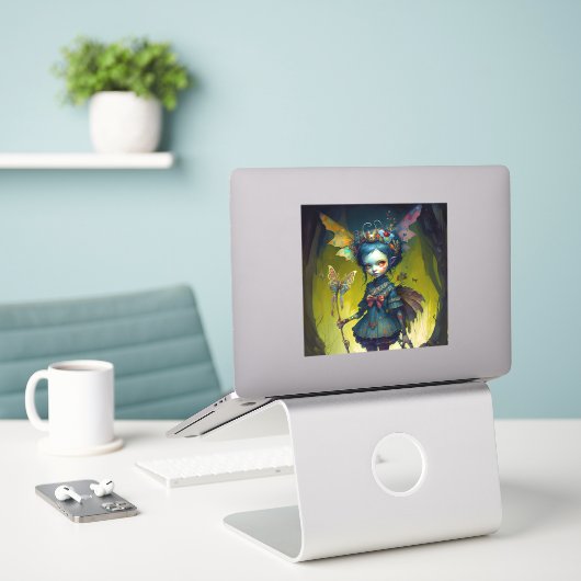 Grumpy Fairy Pixie Fantasy Art Sticker (Laptop op bureau)