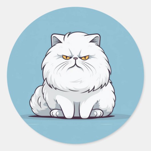 Grumpy Fat White Cat op een blauwe achtergrond Ronde Sticker (Voorkant)