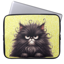 GRUMPY FLUFFY LITTLE BLACK KITTEN LAPTOP SLEEVE