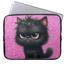 GRUMPY FLUFFY LITTLE BLACK KITTEN LAPTOP SLEEVE