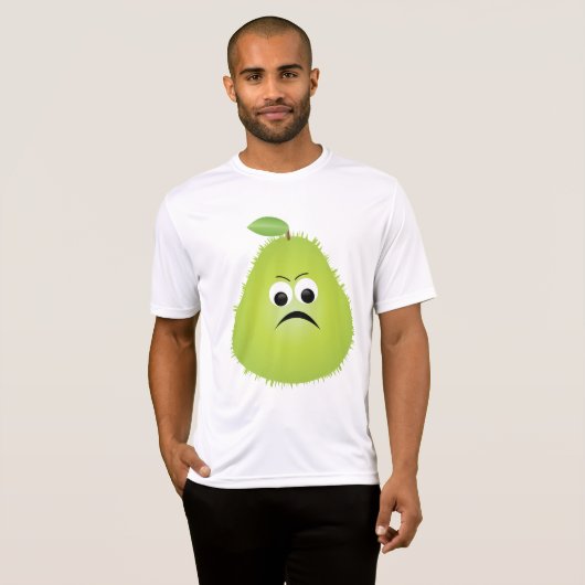 Grumpy Fuzzy Pear Face Grappig Fruit karakter T-shirt (Voorkant volledig)