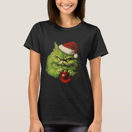 Grumpy Green Santa Cat Retro Kat Kerstvakantie T-shirt (Voorkant)