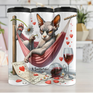 Grumpy Hairless Cat in Hangmat Thermosbeker