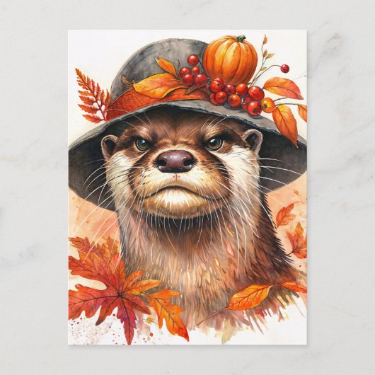 Grumpy Otter Autumn Waterverf Art Briefkaart (Voorkant)