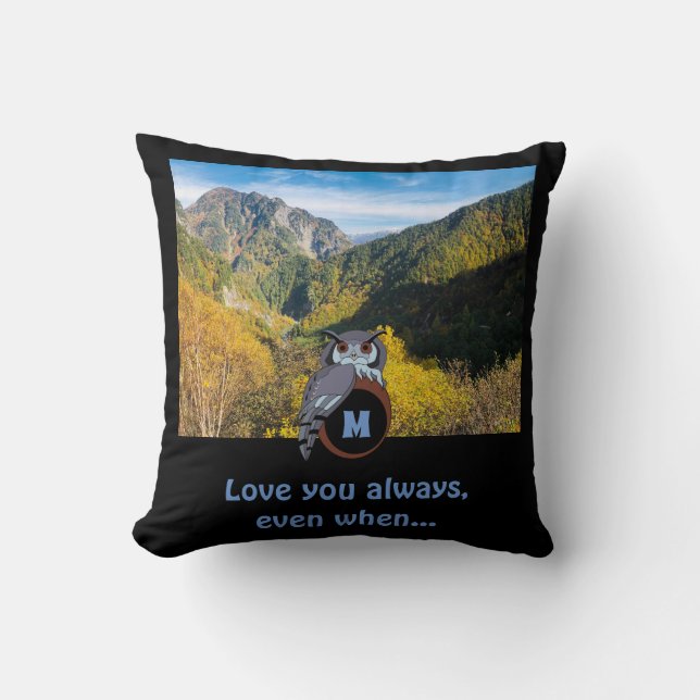 Grumpy Owl Nesting on Monogram Egg Foto Kussen (Voorkant)