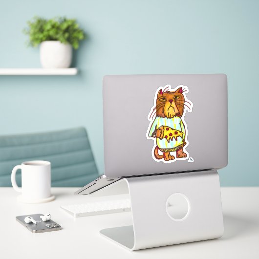 Grumpy Pizza Pet Funny Cat Art Design Sticker (Laptop op bureau)