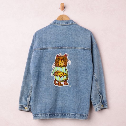 Grumpy Pizza Pet Grappige Kat Tekenplezier Denim Jacket (Hangar)