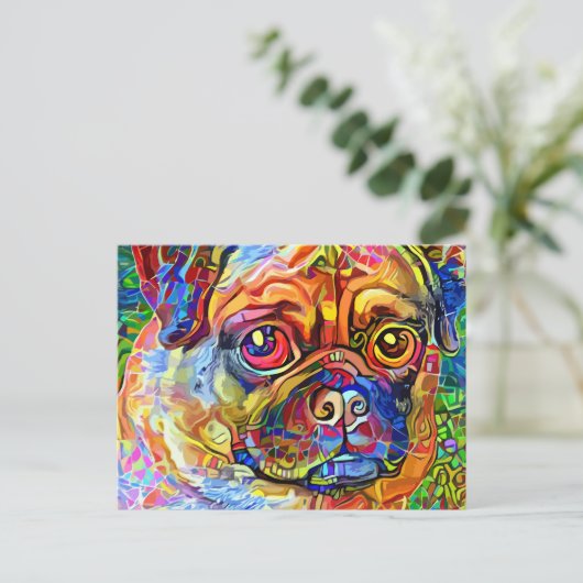 Grumpy Pug Dog Impressionist Pet Portret  Briefkaart (Staand voorkant)